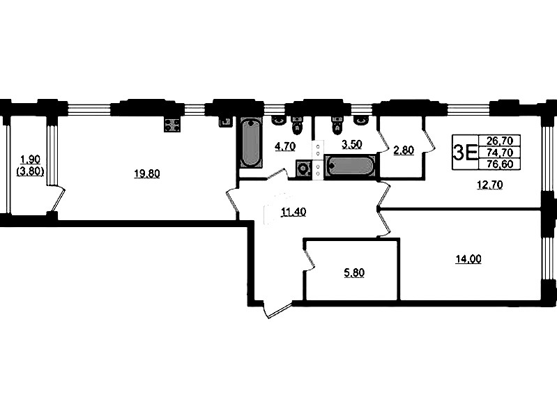 2-комнатная квартира 76.6 м², 10/13 эт., ЖК «Тайм Сквер»